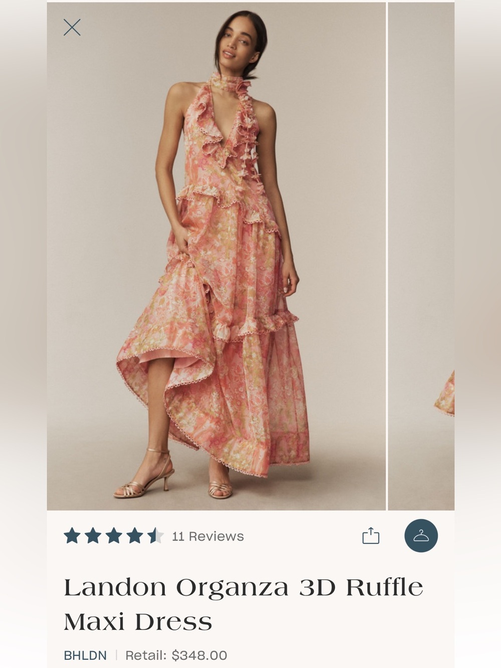 Anthropologie Landon Organza 3D Floral Ruffle Maxi Dress